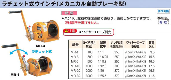 マックスプル ラチェット式ウィンチ(メカニカル自動ブレーキ型) MR-30