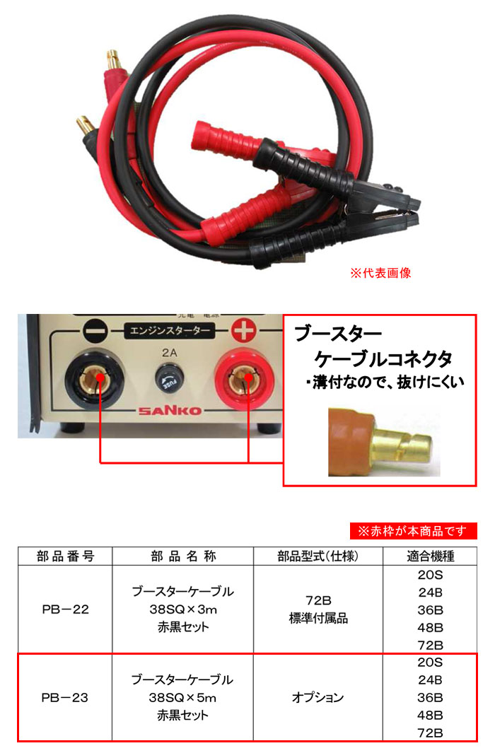 三晃精機 バッテリカ用オプション 太いワニ口コード 38SQ×5m 赤黒セット PB-23
