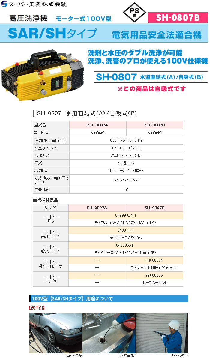 スーパー工業 高圧洗浄機 ブリッツ 100V/6Mpa 自吸式 SH-0807B【個人