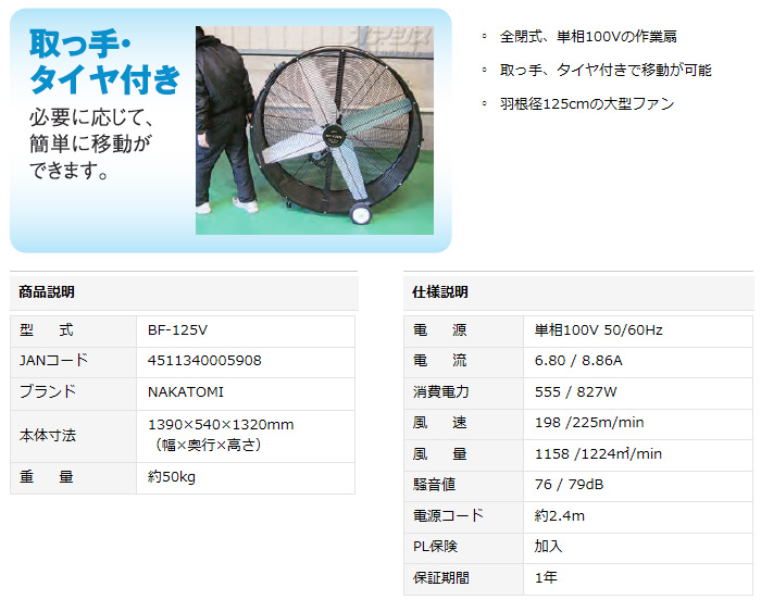 ナカトミ 大型工場扇 ビッグファン 全閉式 125cm BF-125V 【個人宅配送不可】