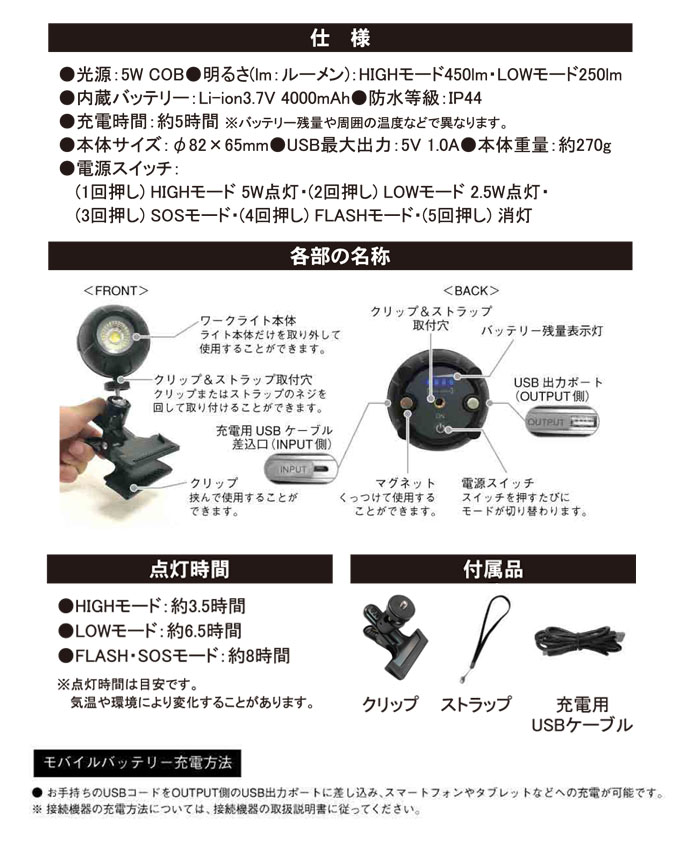 充電式ledライト クリップ マグネット Tjl 5 Ip44 450lm Usb充電