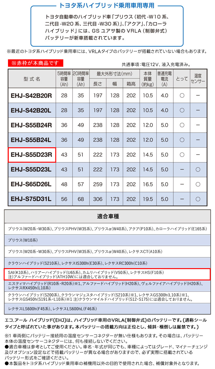 GS楢 䵡  Хåƥ꡼ ECO.R HV EHJ-S55D23R ȥ西ϥϥ֥åɾѼ