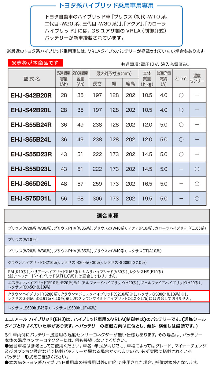 GS楢 䵡  Хåƥ꡼ ECO.R HV EHJ-S65D26L ȥ西ϥϥ֥åɾѼ