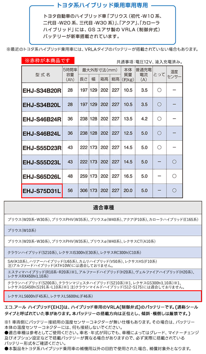 GS楢 䵡  Хåƥ꡼ ECO.R HV EHJ-S75D31L ȥ西ϥϥ֥åɾѼ