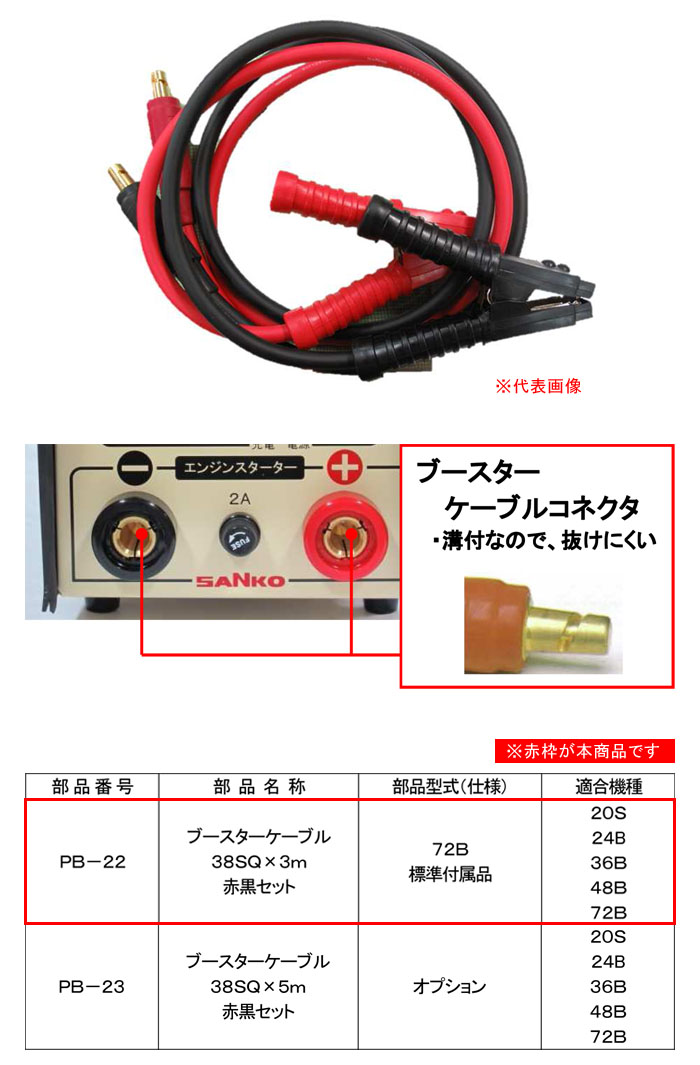 三晃精機 バッテリカ用オプション 太いワニ口コード 38SQ×3m 赤黒セット PB-22