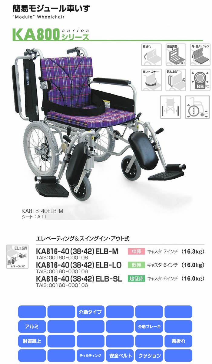 カワムラサイクル アルミ自走車いす A11_紫チェック KA822-40ELB-LO 介