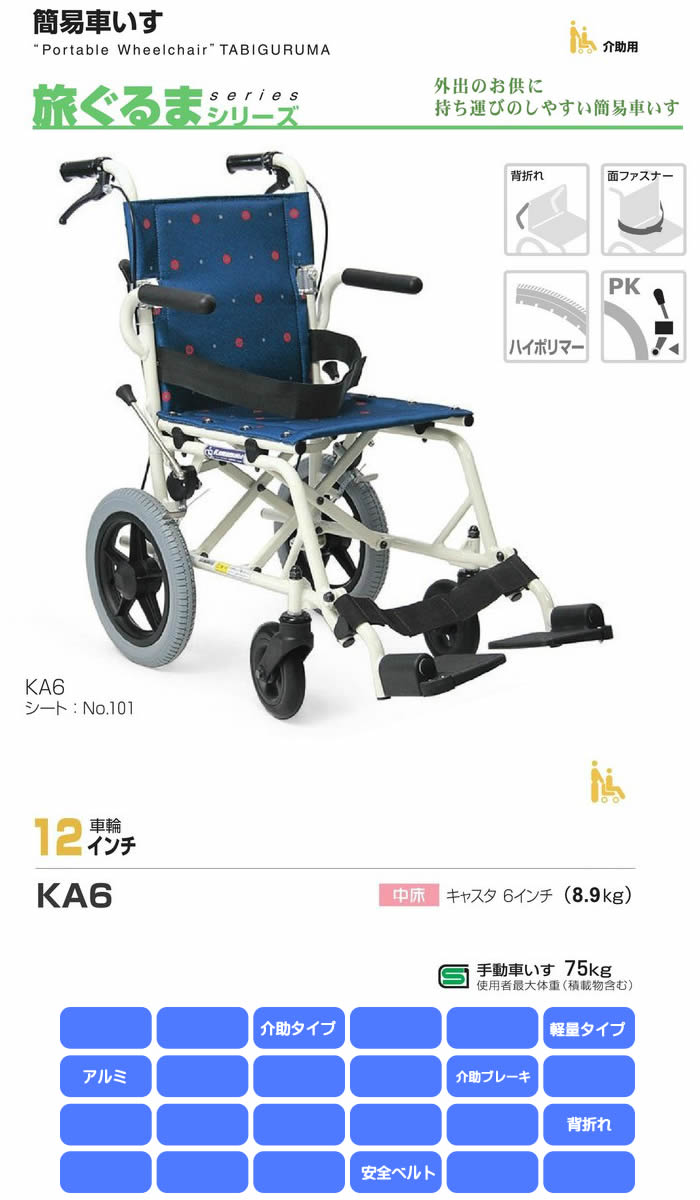 激安品 簡易車いす 旅ぐるま KA6 No.101（ドットブルー） 非課税 最