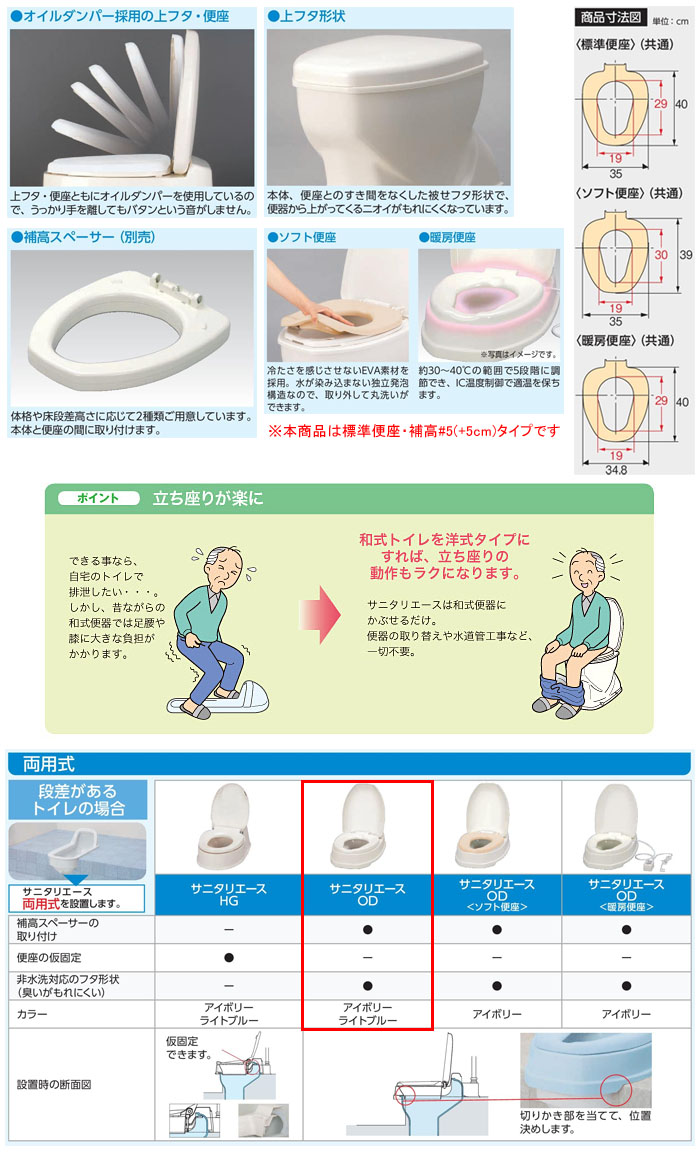 安寿 サニタリーエース OD両用式 補高#5（871-031）介護用品 洋式便座 和式トイレ 簡易 設置 工事不要 フタ 後付け かぶせるだけ  置くだけ 座面 高さ調節