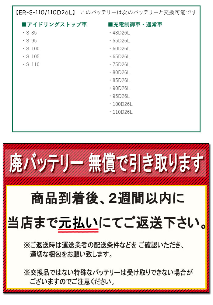 GSユアサ アイドリングストップ車用 バッテリー ECO.R Revolution ER-S-110/110D26L 通常車兼用