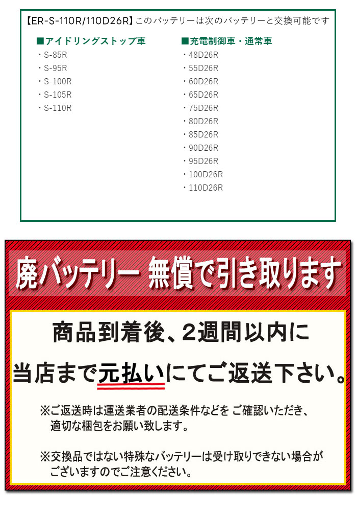 GSユアサ アイドリングストップ車用 バッテリー ECO.R Revolution ER-S-110R/110D26R 通常車兼用