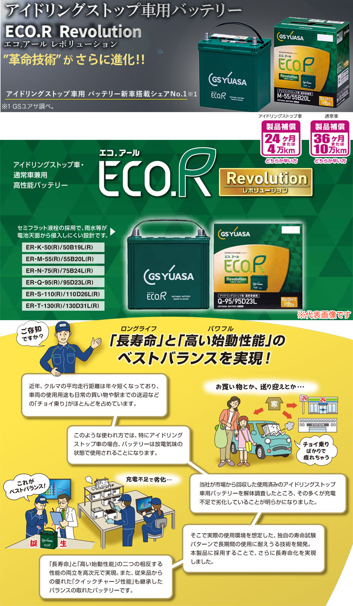 GSユアサ アイドリングストップ車用 バッテリー ECO.R Revolution ER-M-55/55B20L 通常車兼用