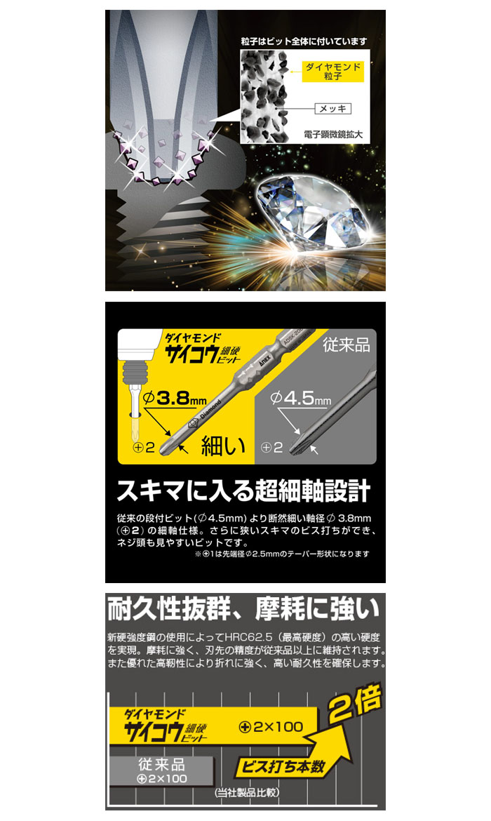 Anex（アネックス） ダイヤモンドサイコウビット +2×65 ADSK-2065 マグネット無し 細硬ビット