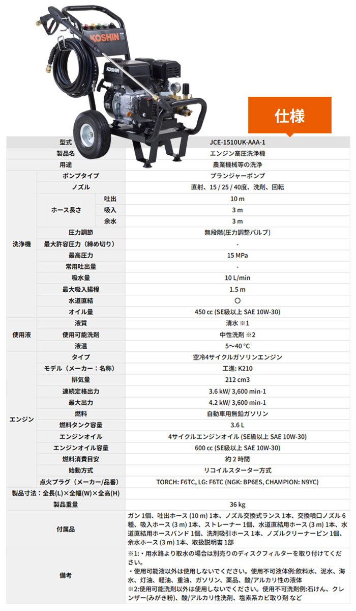 (KOSHIN) 󥸥󼰹ⰵ JCE-1510UK 15Mpa 10L/min ⰵۡ10m