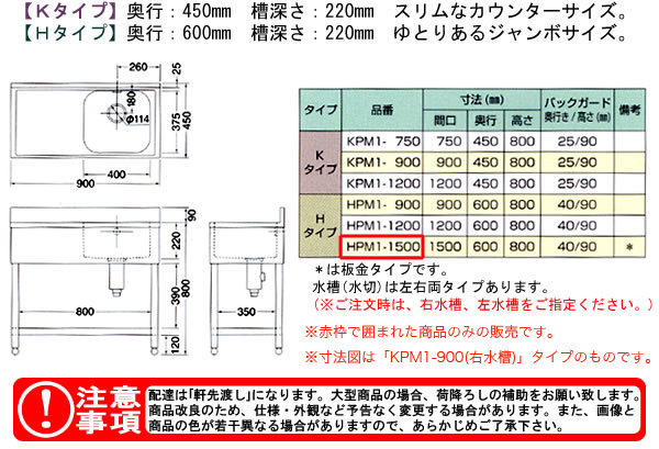 東製作所（azuma） 流し台 一槽水切シンク HPM1-1500【法人様向け】