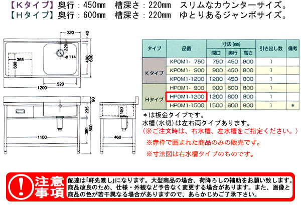 東製作所（azuma） 流し台 引出し付き一槽水切シンク HPOM1-1200【法人