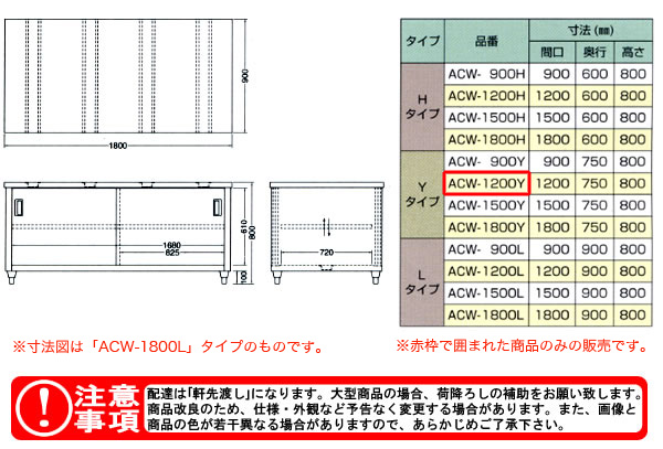 東製作所（azuma） 調理台 両面引違戸 ACW-1200Y【法人様向け】