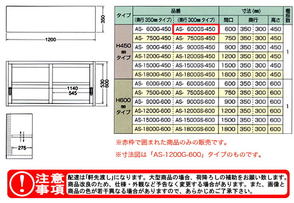 東製作所（azuma） ガラス吊戸棚 H450mm AS-600GS-450【法人様向け】